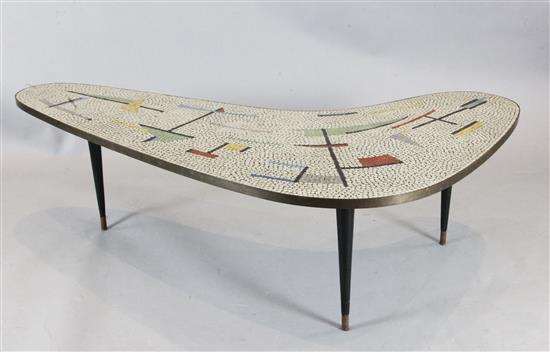 A 1960s mosaic topped boomerang shaped coffee table, W.170cm